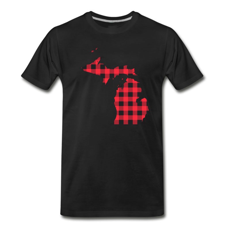 Men's Red And Black Checkered - Michigan Map T-Shirt